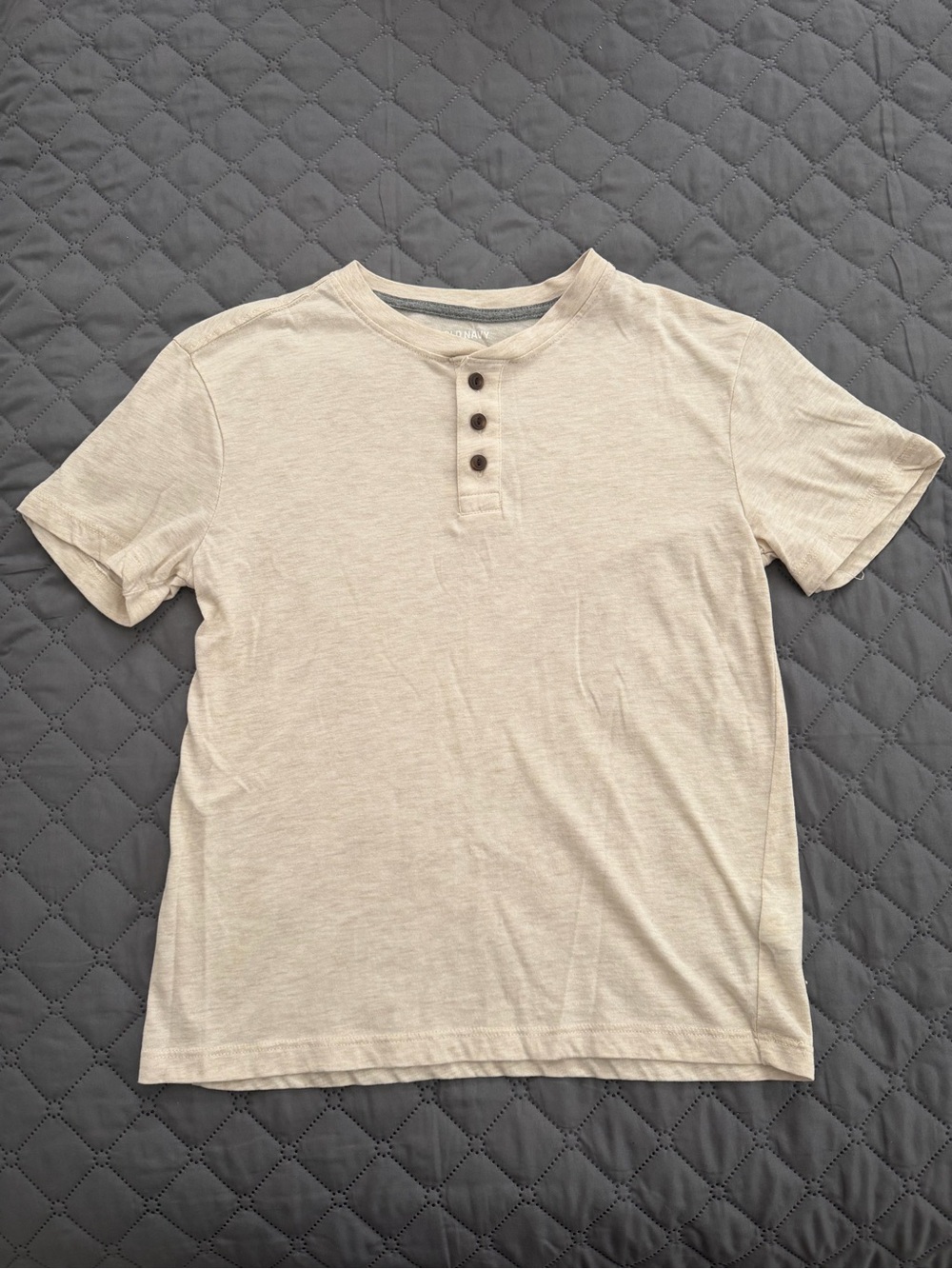 Beige Short Sleeve Henley Tee with Button Placket